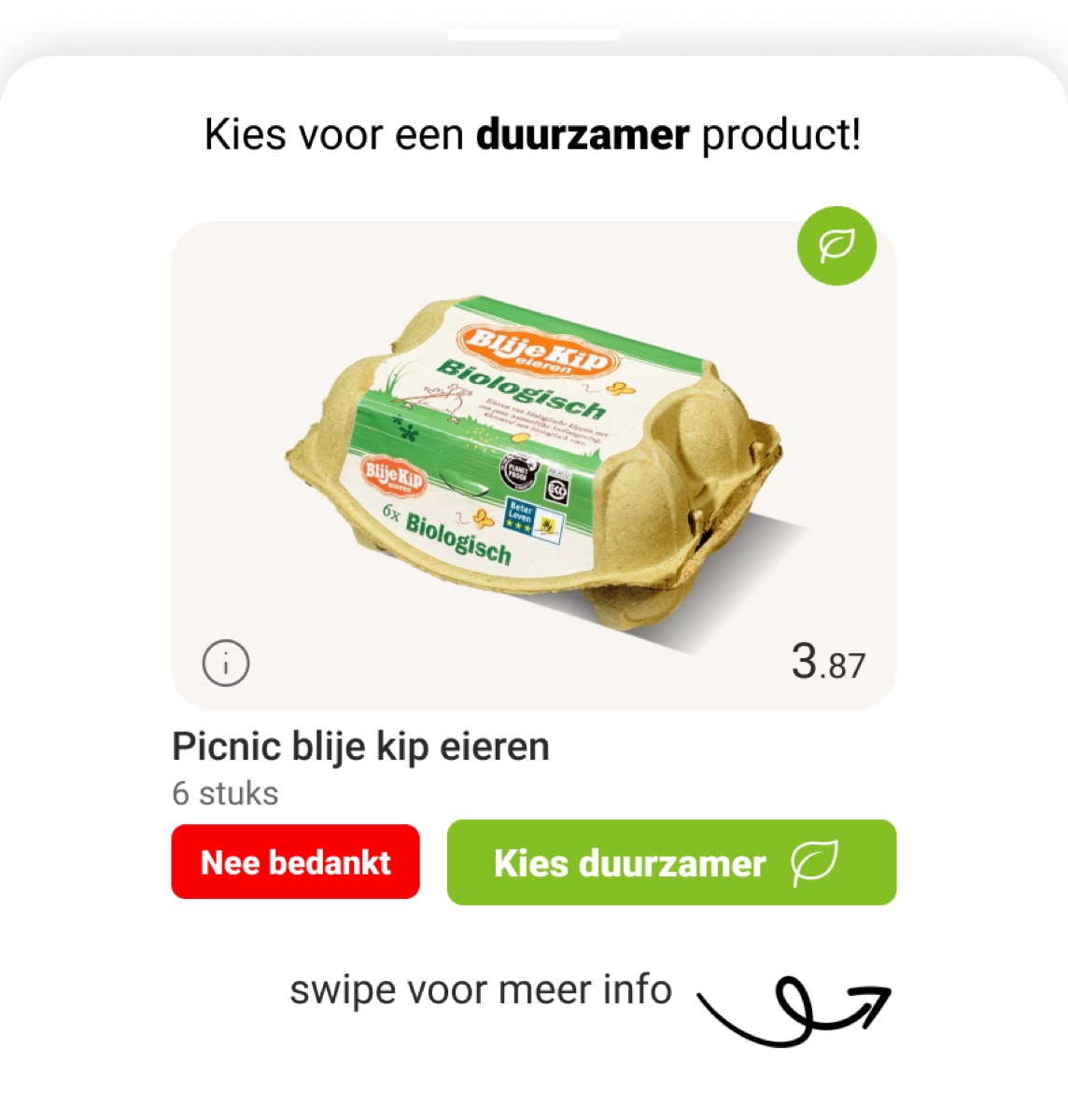 A pop-up in the Picnic app suggesting a more sustainable egg product, with 'No thanks' and 'Choose sustainable' buttons.