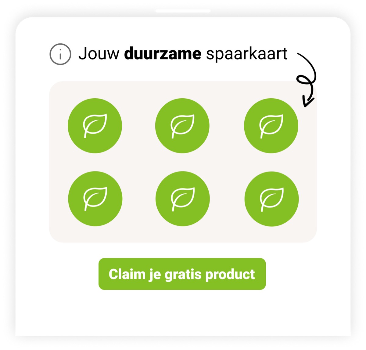 The digital Sustainable Saving Card, showing six leaf-icon stickers earned from sustainable purchases and a button to claim a free product.