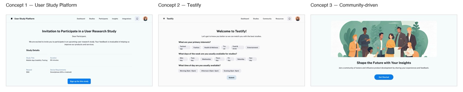 Three concept explorations side by side: a study-invitation platform, the Testify preference-based onboarding flow, and a community-driven insights app.