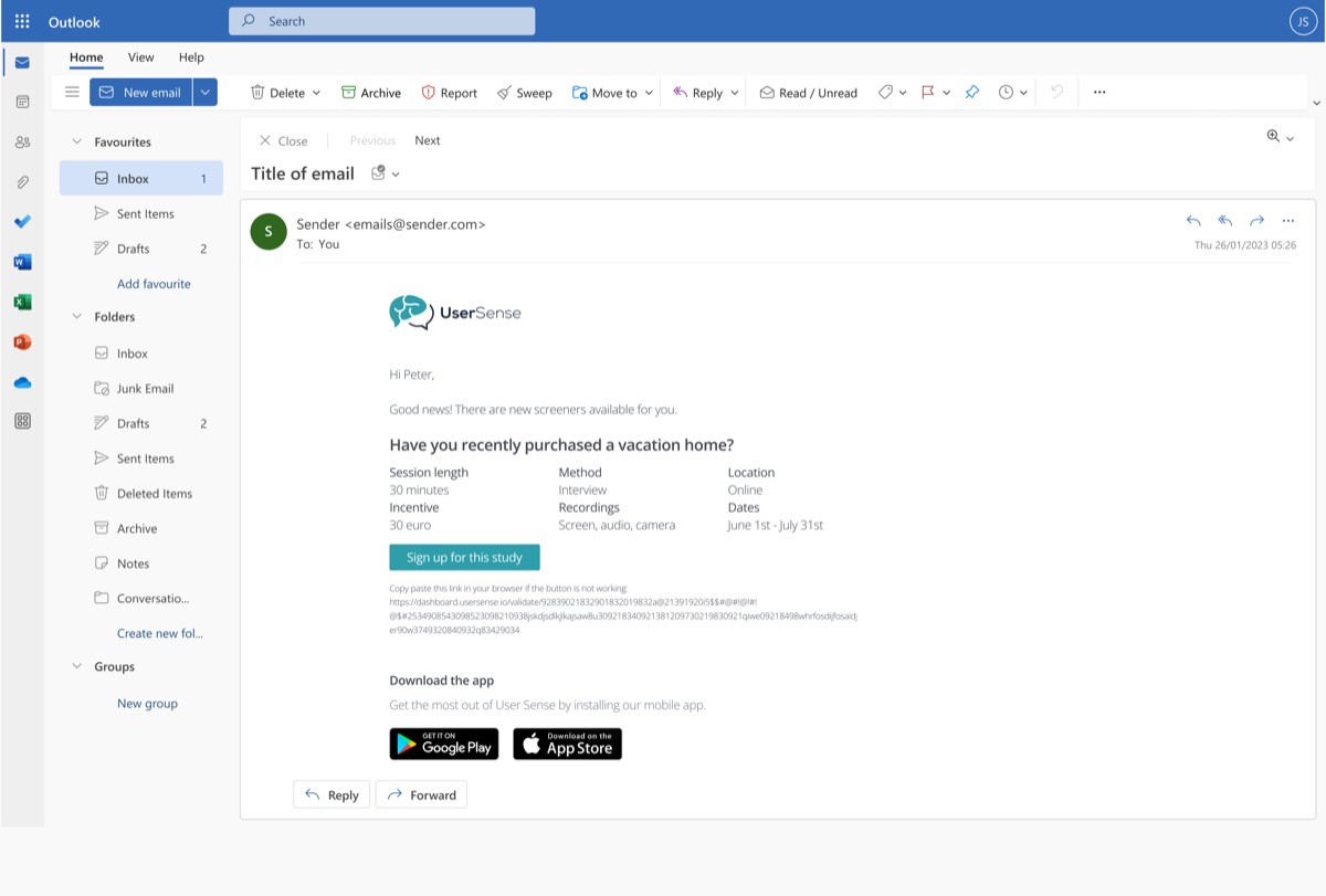 An email notification from User Sense showing a matching study invite, with a 'Sign up for this study' button and details on session length, incentive, and method.