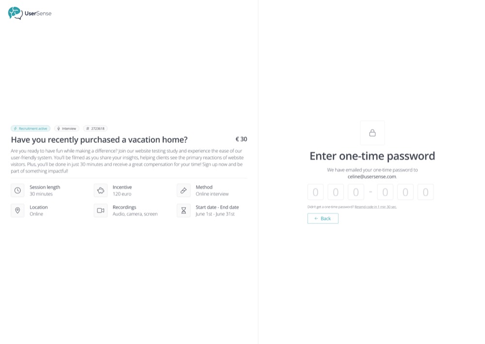 Split-screen login: a study invite on the left showing session length, incentive, and method, and a one-time password entry field on the right.