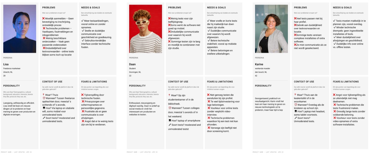 Three persona cards — Lisa, a freelance marketer; Daan, a student; and Karine, a working mother — each showing their problems, needs, context of use, and personality.