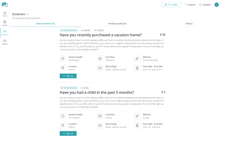 Animated demo of the studies overview loading in, showing available sessions with a one-click start action.
