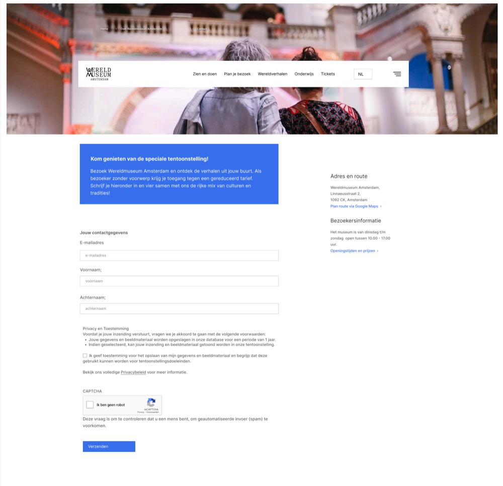 The visitor registration form on the museum website, asking for contact details and consent before confirming attendance.