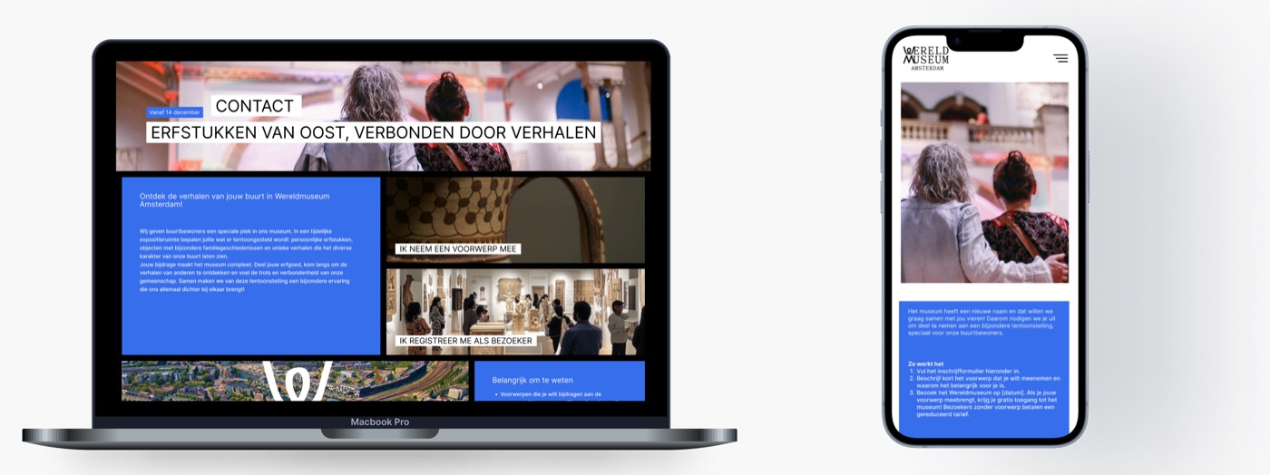 The landing page shown on a Macbook and an iPhone, with separate calls to action for bringing an object or registering as a visitor.