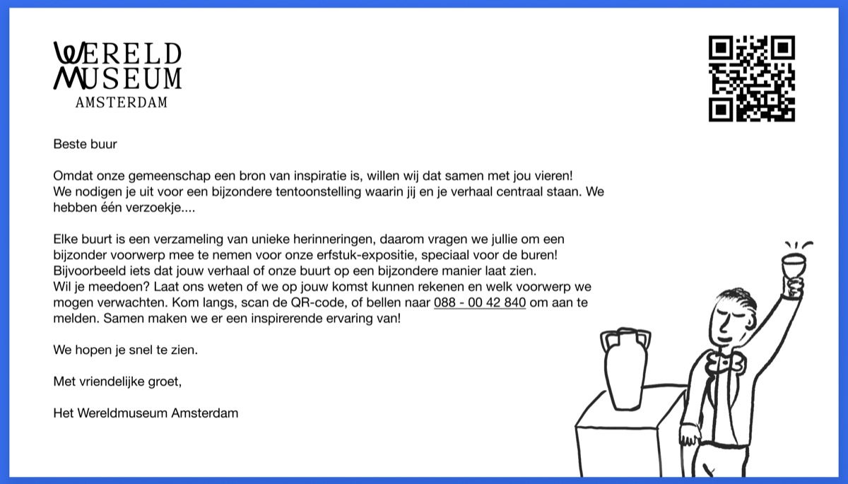 The neighborhood invitation postcard, addressed to 'Dear neighbor,' inviting residents to contribute a personal object to the heritage exhibition, with a QR code to sign up.
